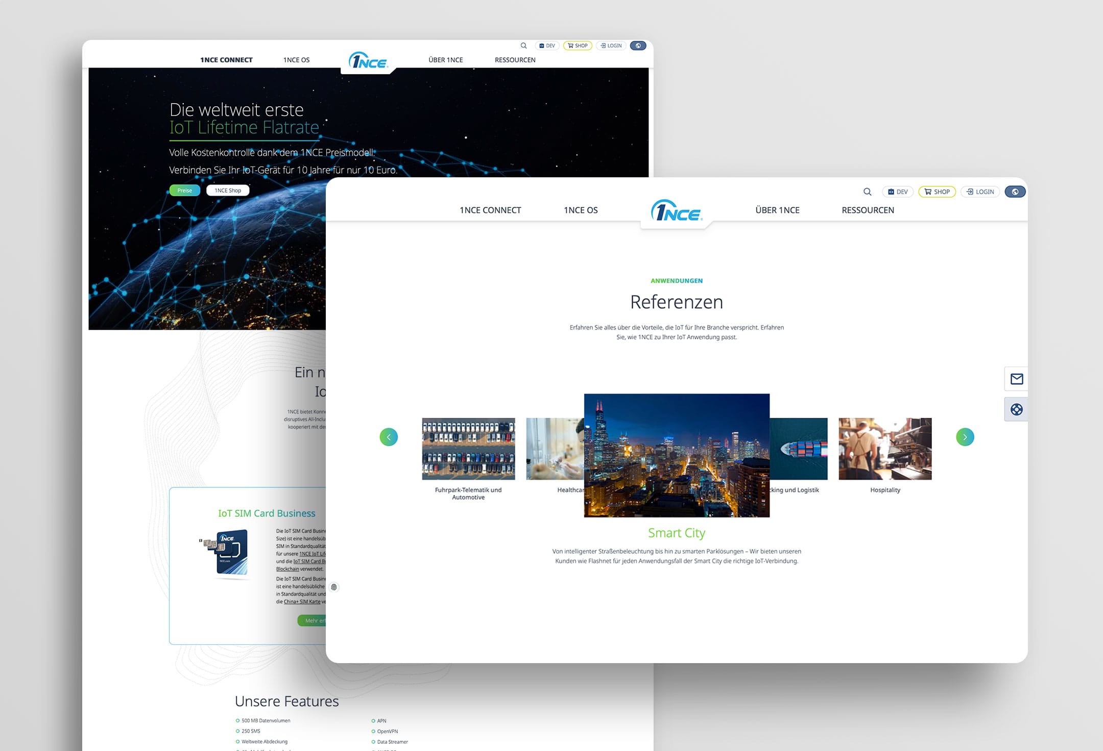 Screenshots von der neuen Website unseres Kunden 1NCE, die wir mit dem CMS Apostrophe entwickelt haben.