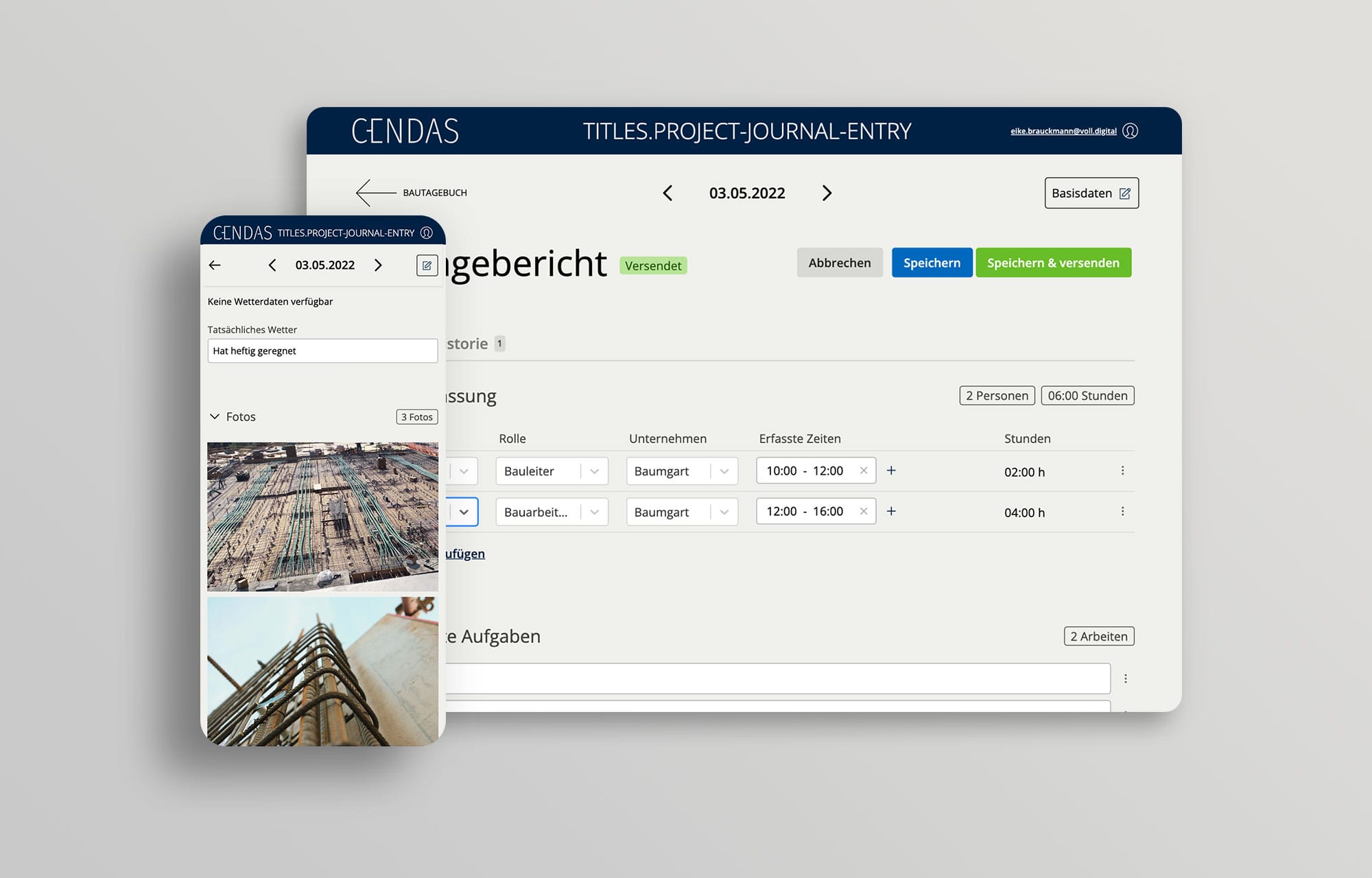 Mobile und Desktopansicht des Bautagebuchs von CENDAS.