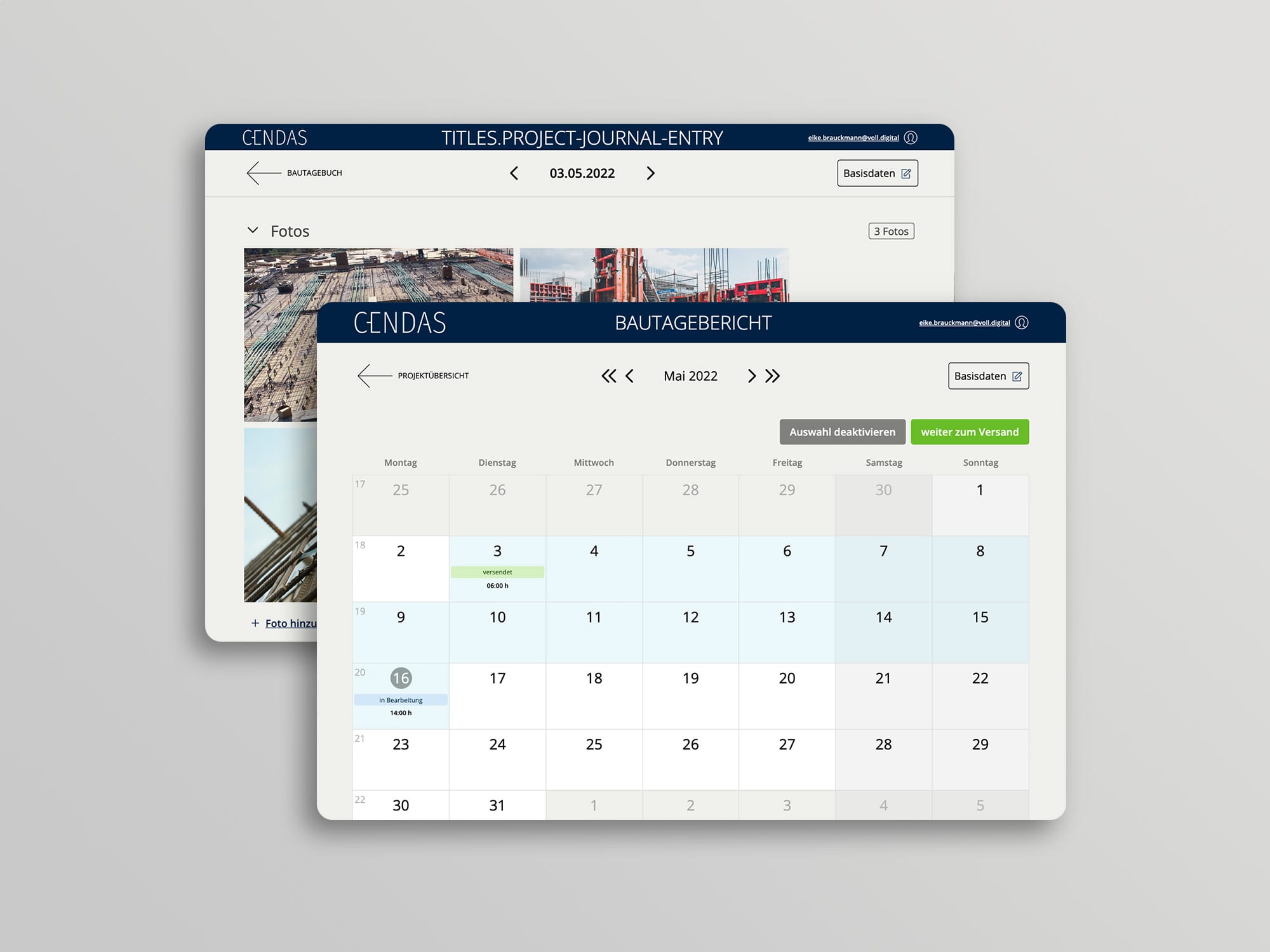 Mobile und Desktopansicht des Bautagebuchs von CENDAS.