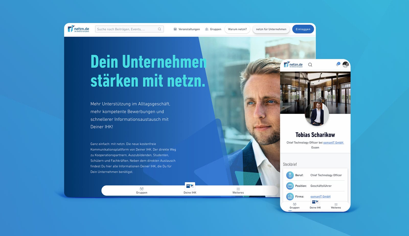 Mockup der netzn-Startseite inklusive mobiler Profilansicht.
