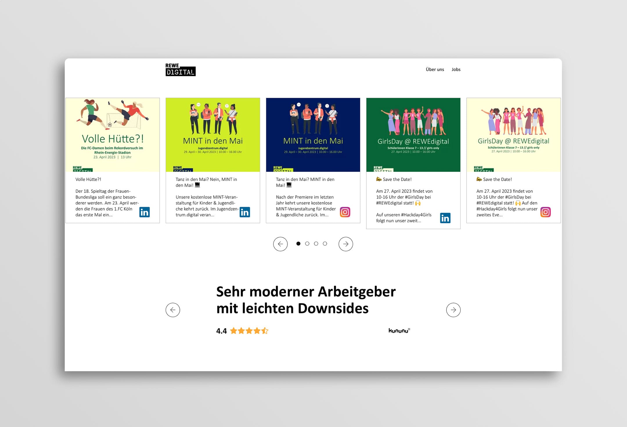 Social Feed und Kununu-Bewertungen auf der neuen Website von REWE digital